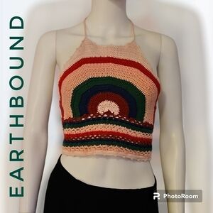 VTG EARTHBOUND Pink Rainbow Crochet Baddie Halter Top